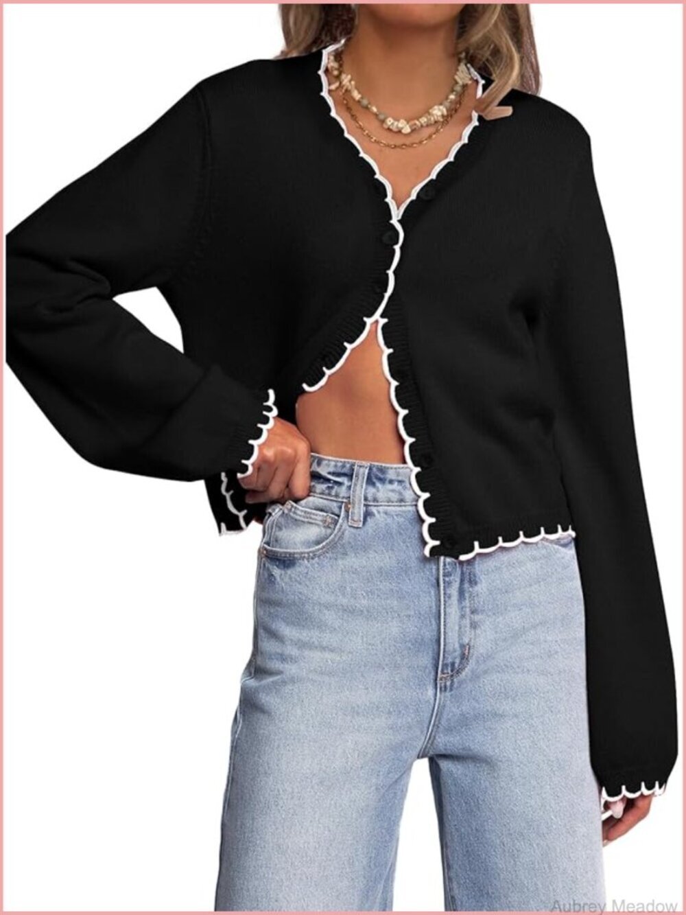 Women Long Sleeve Cardigan Button Down Knit Jacket Open Front Cropped Contrast
